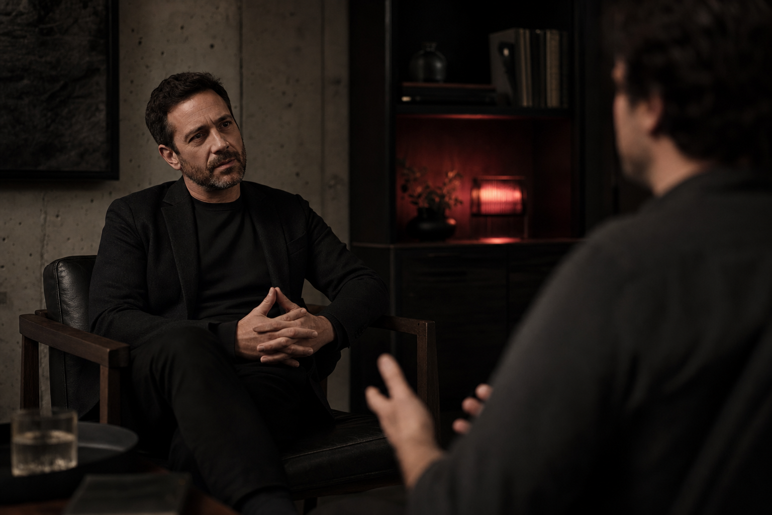 Two men in a calm, modern counseling office session