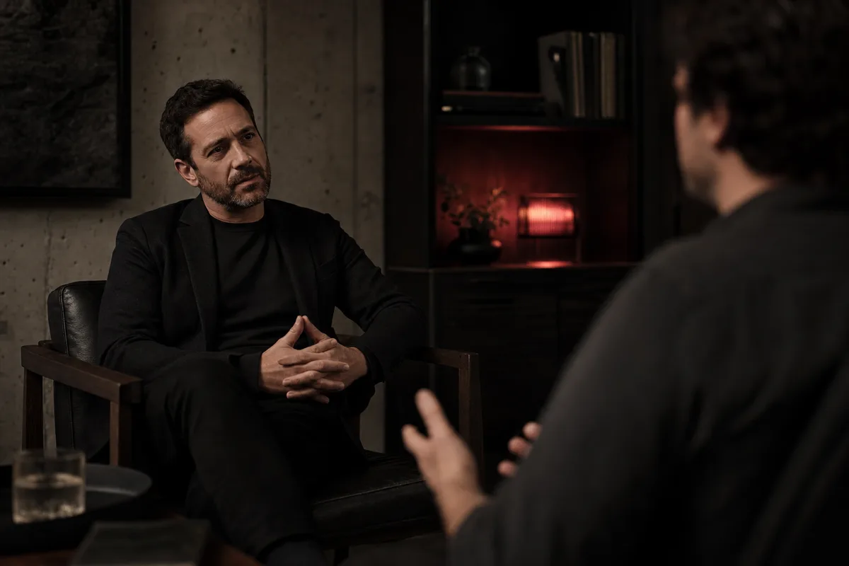 Two men in a calm, modern counseling office session